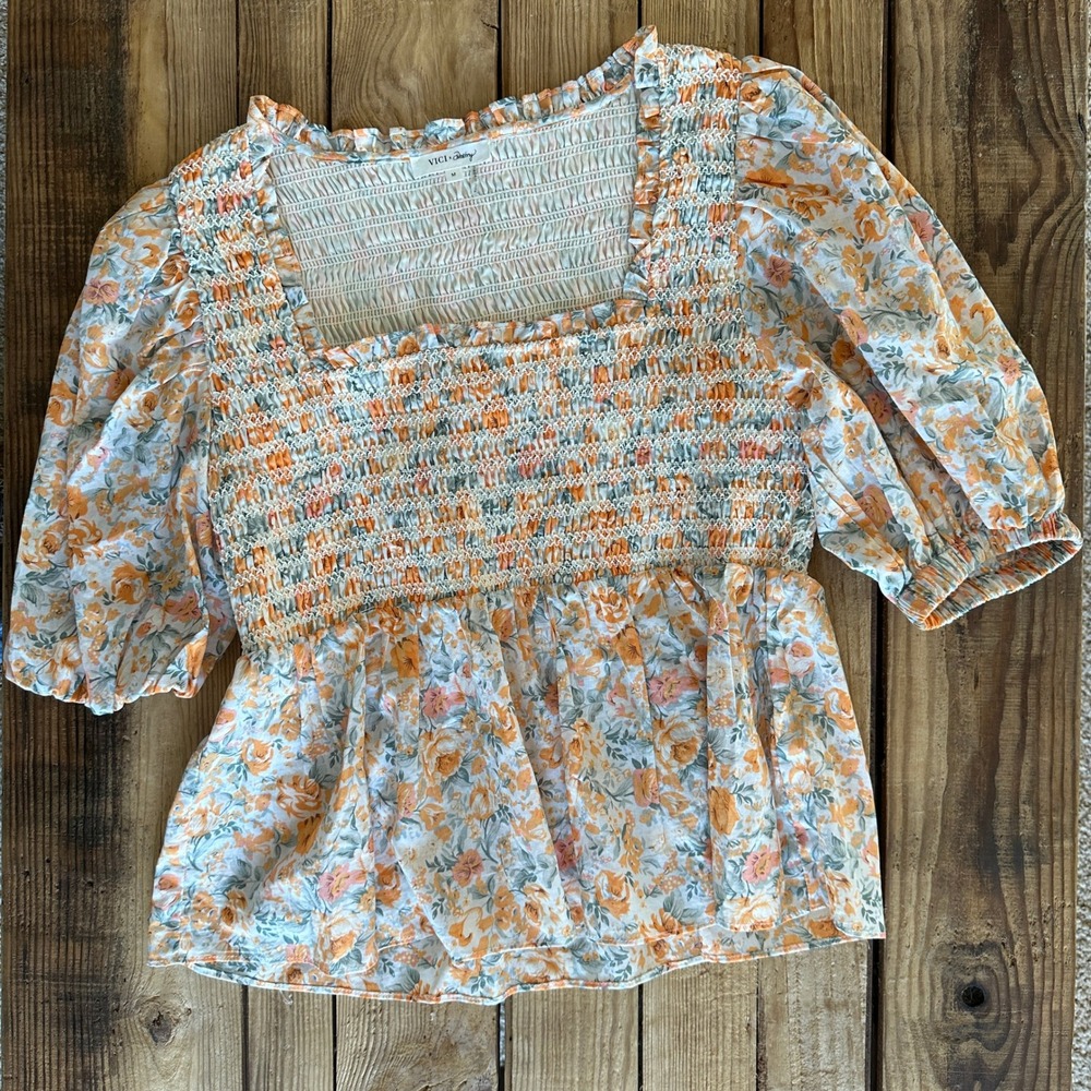 VICI x Destiny Orange Floral Smocked Peplum Puff Sleeve Blouse Top Medium